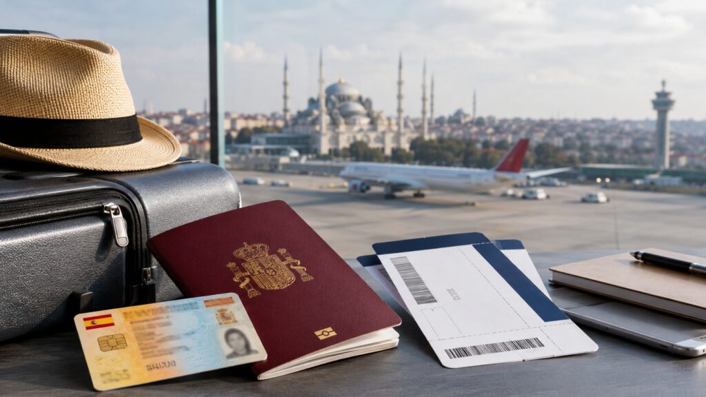 Pasaporte español, DNI y equipaje para un viaje corto a Turquía
