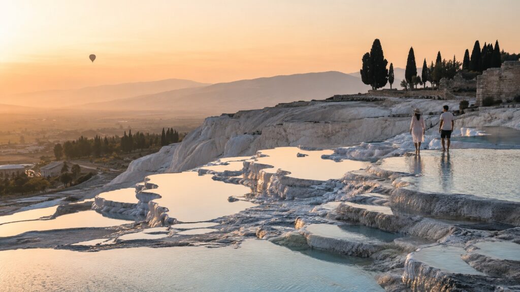 Pareja caminando por las terrazas blancas de Pamukkale al atardecer