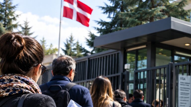 Danimarka vize kuyruğu haberini temsil eden pasaport, vize başvuru dosyaları ve Danimarka bayrağı