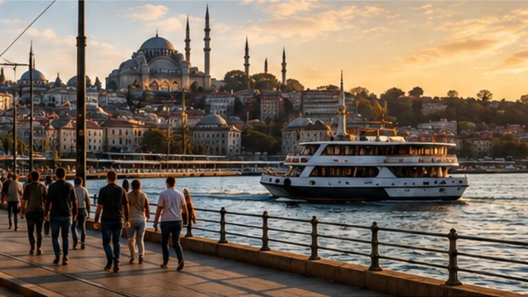 De Eminönü al Gran Bazar a pie: peatones en el frente marítimo de Eminönü con ferris y la península histórica de Estambul