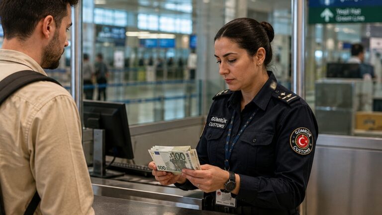 Dinero en efectivo a Turquía contado durante un control de viaje en un aeropuerto