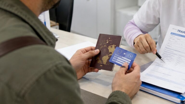 Documento de identidad y pasaporte revisados en un mostrador antes de viajar a Turquía