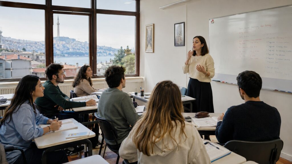 Clase de turco para adultos extranjeros en un centro universitario de Turquía