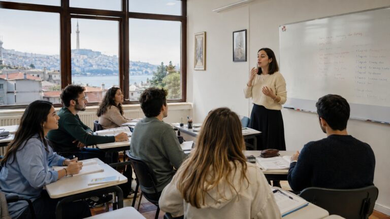 Clase de turco para adultos extranjeros en un centro universitario de Turquía