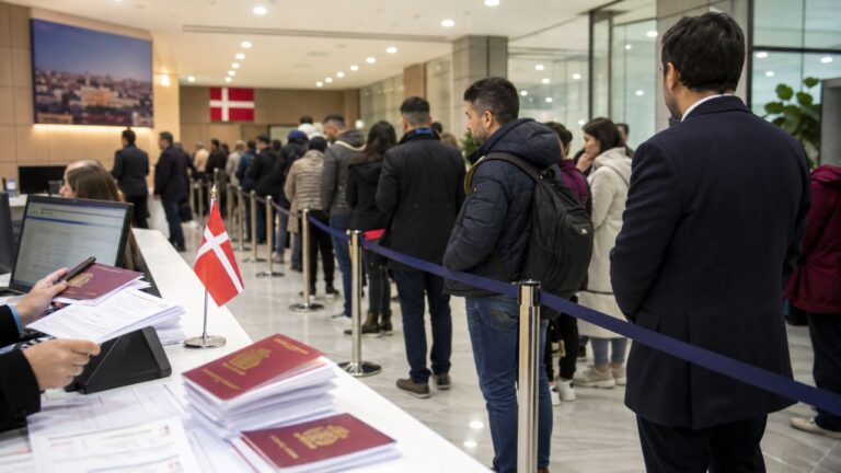 Danimarka vize kuyruğu haberini anlatan Danimarka bayrağı ve vize başvuru belgeleri