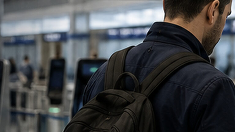 EES çıkış kaydı hatası nedeniyle Schengen sınırında dijital geçiş kaydını kontrol eden yolcuyu temsil eden görsel