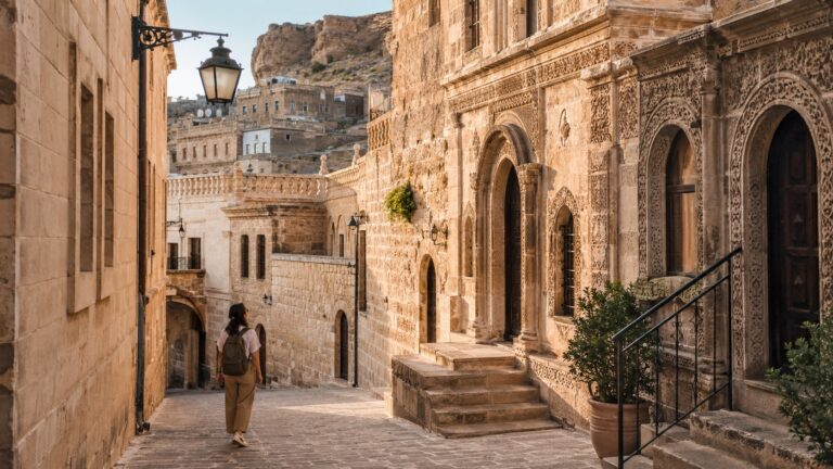 Viajera caminando por una calle de piedra en una ciudad histórica del sureste de Turquía