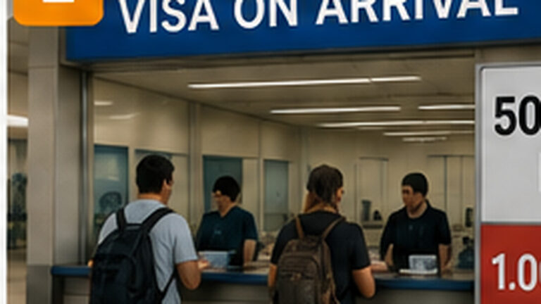 Endonezya VOA ücreti değişikliğini temsil eden Bali havalimanında pasaport kontrolüne giden yolcular
