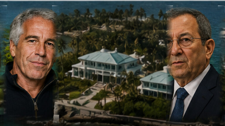 Epstein İsrail koordinasyonu haberini Jeffrey Epstein, Ehud Barak ve özel ada bağlamıyla temsil eden editoryal görsel