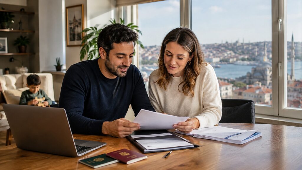 Familia revisando documentos escolares de su hijo en Estambul