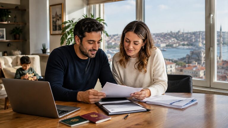 Familia revisando documentos escolares de su hijo en Estambul