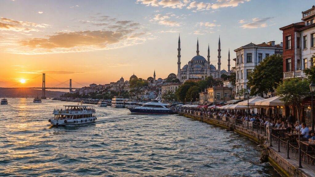Vista del Bósforo en Estambul al atardecer para una guía sobre España y Turquía