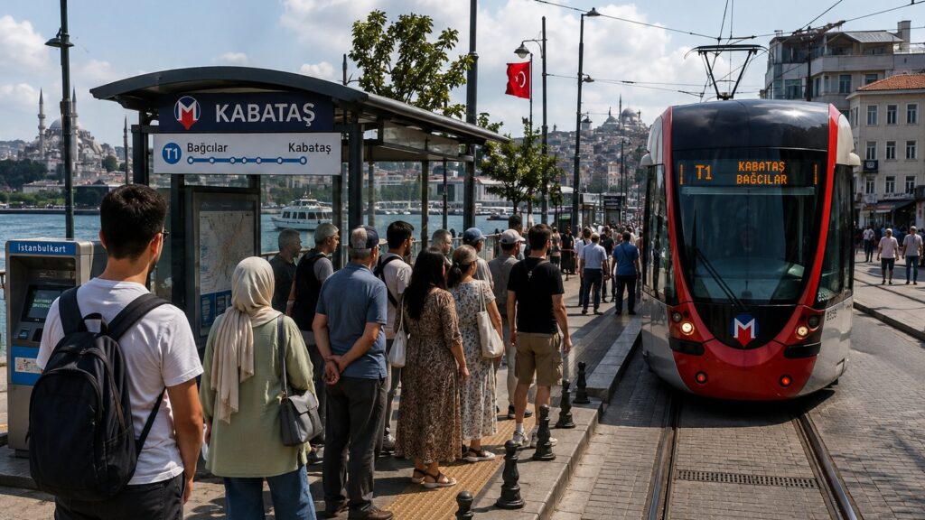 Viajeros esperando transporte público en Estambul junto al Bósforo