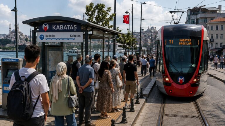 Viajeros esperando transporte público en Estambul junto al Bósforo