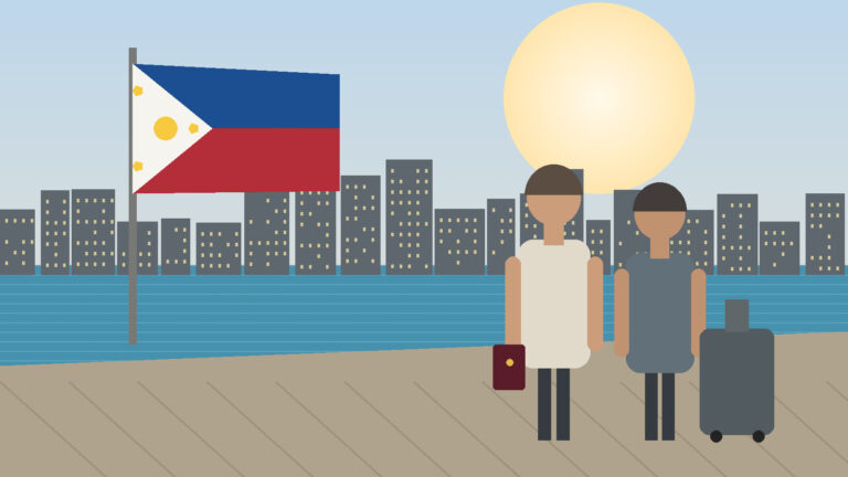 Filipinler SRRV emeklilik vizesi haberini temsil eden Manila manzarası ve orta yaşlı yabancı çift