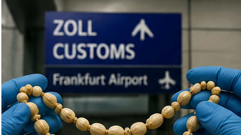 Frankfurt Havalimanı fildişi kolye için gümrük görevlisinin elinde eski takı