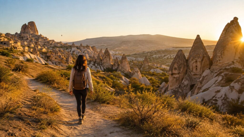 Viajera recorriendo a pie un paisaje de Capadocia durante un viaje por Turquía