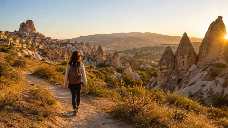 Viajera recorriendo a pie un paisaje de Capadocia durante un viaje por Turquía