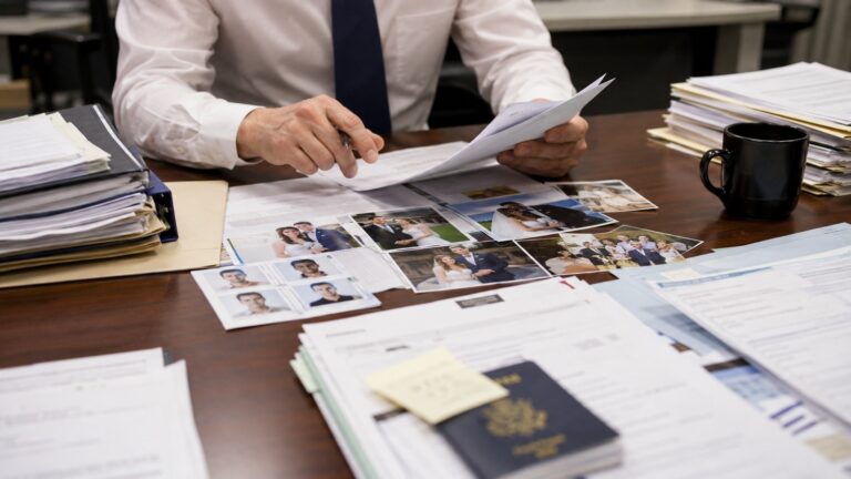 Green Card sahte evlilik soruşturmasında evlilik fotoğrafları ve göçmenlik evraklarını inceleyen görevli