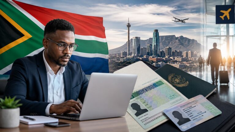 Güney Afrika ETA ücreti haberini temsil eden Güney Afrika bayrağı, havalimanı ve dijital seyahat belgeleri