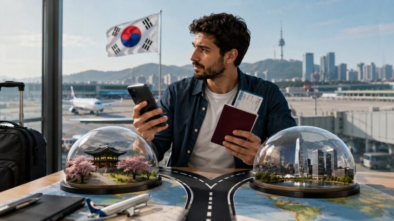 Güney Kore E-8 vizesi dolandırıcılığı haberini temsil eden Seul havalimanında pasaport ve telefon tutan yolcu