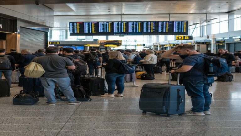 Heathrow su baskını haberini temsil eden kalabalık havalimanı terminalinde bekleyen yolcular