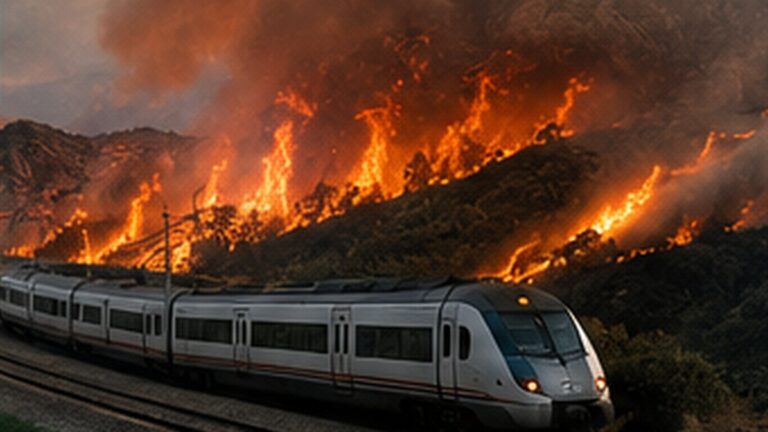 Huesca yangını tren seferleri kesintisini temsil eden dağlık bölgede yangın ve tren hattı fotoğrafı