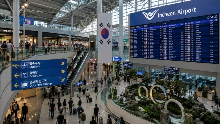 Incheon Havalimanı terminalinde uluslararası yolcu trafiği