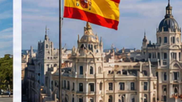 İspanya dijital göçebe vizesi UGE başvurularını temsil eden Madrid şehir manzarası ve İspanya bayrağı