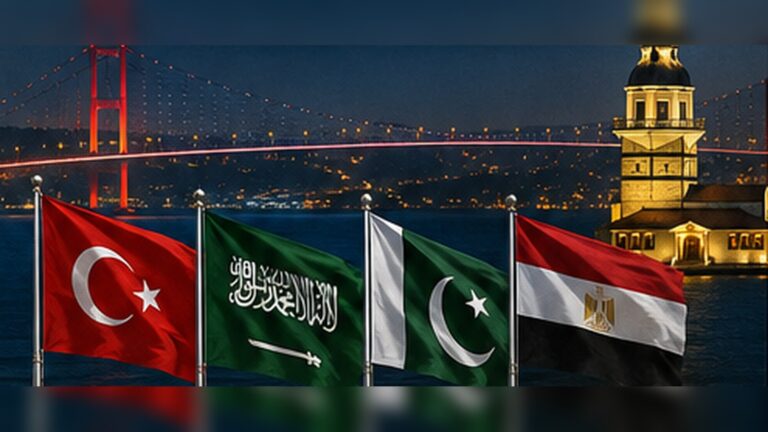 İstanbul dörtlü toplantısı haberini temsil eden İstanbul Boğazı önünde Türkiye, Suudi Arabistan, Pakistan ve Mısır bayraklarının bulunduğu diplomatik buluşma sahnesi