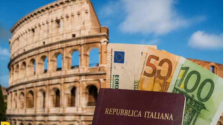 İtalya öğrenci vizesi için euro banknotları, İtalyan pasaportu ve Kolezyum