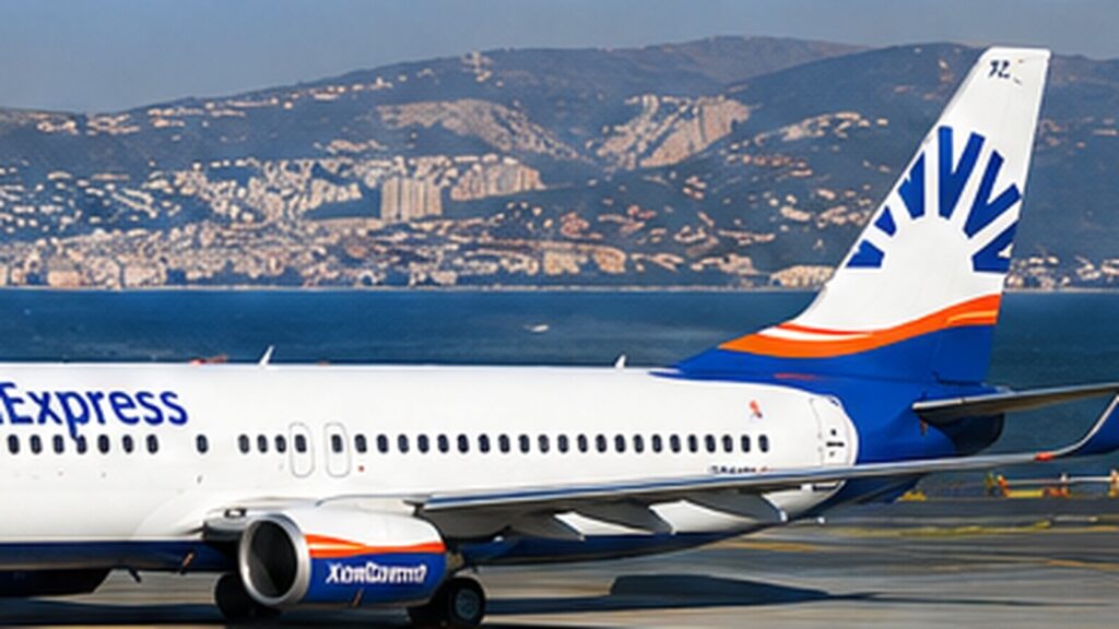 İzmir Taşkent uçuşları için pistte bulunan SunExpress uçağı ve İzmir kıyı görünümü