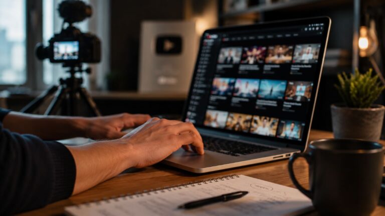 YouTube para kazanma şartları 2027 için dizüstü bilgisayar, kamera ve telefon bulunan içerik üreticisi çalışma masası