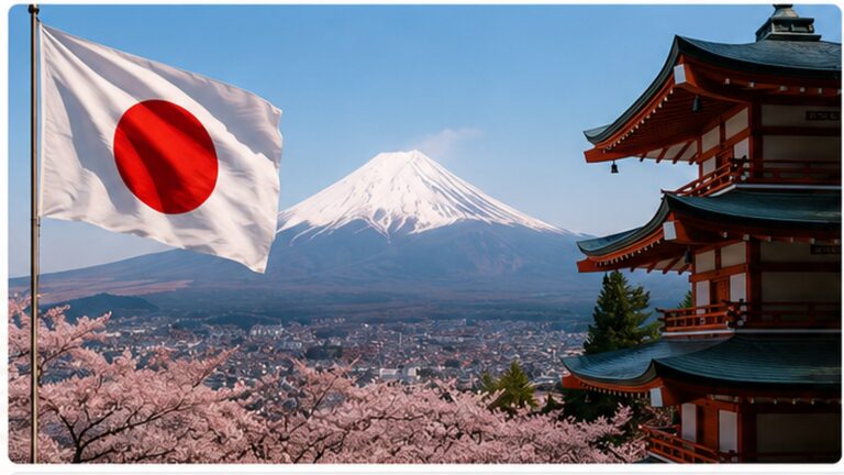 Japonya bayrağı, Fuji Dağı ve geleneksel Japon yapıları
