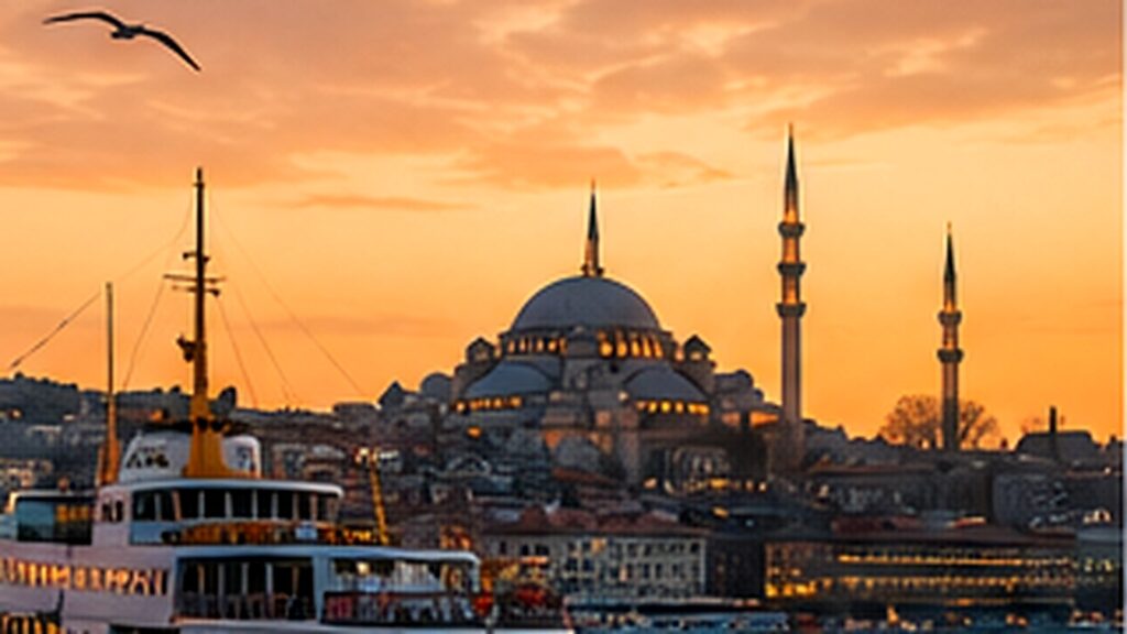 Ferry de Estambul visto desde Kadıköy y Moda al atardecer con el perfil europeo al fondo