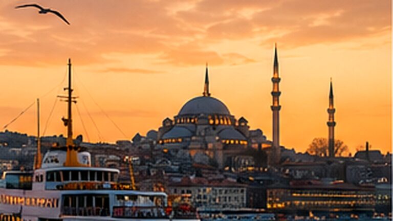 Ferry de Estambul visto desde Kadıköy y Moda al atardecer con el perfil europeo al fondo