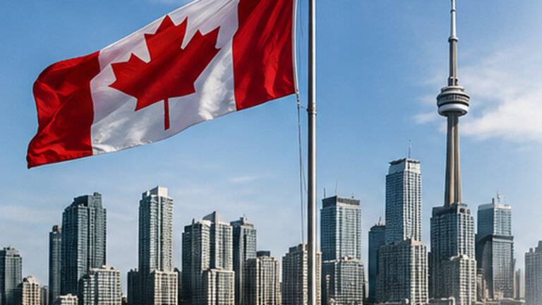 Kanada Express Entry 2026 davetleri haberini temsil eden Kanada bayrağı ve Toronto silüetini gösteren yazısız 16:9 haber görseli