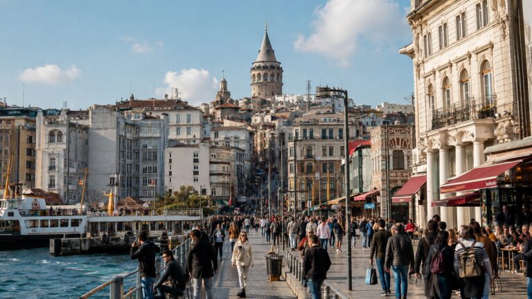 Paseo marítimo en Karaköy con la Torre de Galata al fondo en Estambul