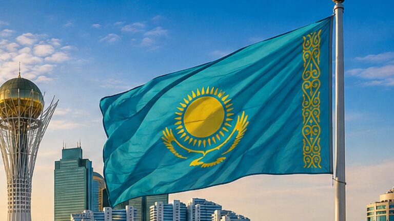 Kazakistan dijital göçebe vizesi için Astana silüeti ve Kazakistan bayrağı