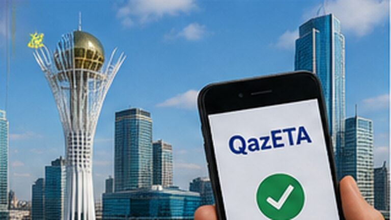 Astana manzarası önünde QazETA uygulamasını gösteren telefon ekranı