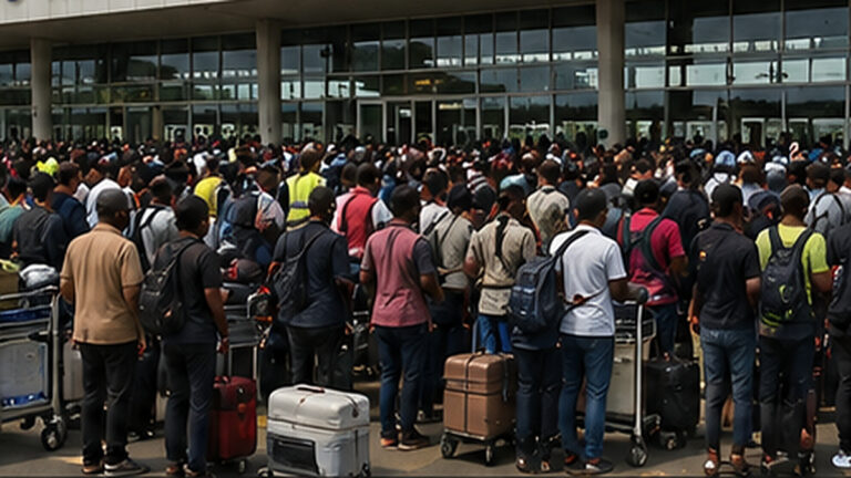 Kenya havacılık grevi nedeniyle Nairobi havalimanında bagajlarıyla bekleyen kalabalık yolcu grubu