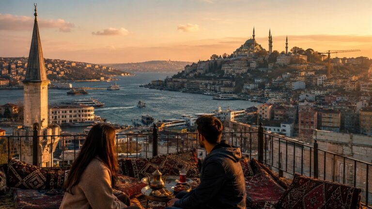 Pareja contemplando el Bósforo desde una terraza panorámica al atardecer