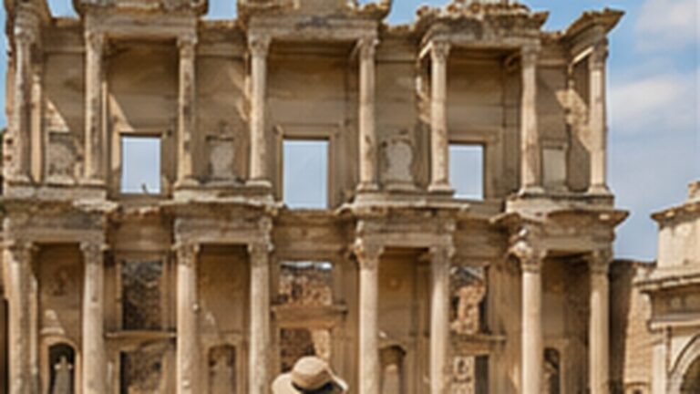 Viajera frente a las ruinas antiguas de Éfeso, uno de los lugares UNESCO de Turquía
