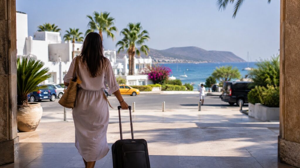 Viajera llegando con maleta a un alojamiento con vistas al mar en Bodrum