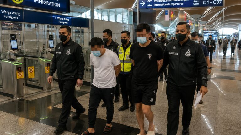 Malezya temiz pasaport operasyonu kapsamında KLIA’da göç görevlilerinin yolcuları e-Gate yakınında kontrol ettiği temsili fotoğraf