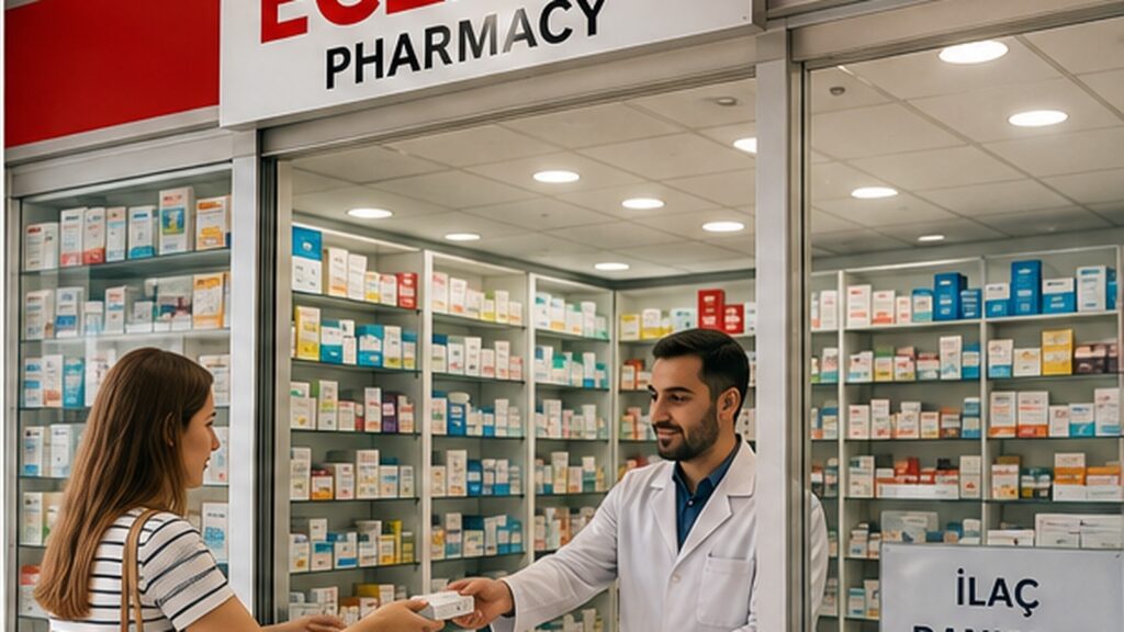 Viajera consultando a un farmacéutico sobre medicamentos durante un viaje a Turquía