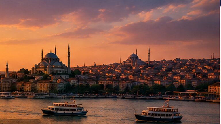 Atardecer de Estambul con mezquitas, ferris y el Cuerno de Oro bajo una luz naranja
