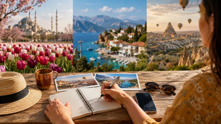 Viajera planificando un viaje a Turquía con referencias de distintas regiones y estaciones