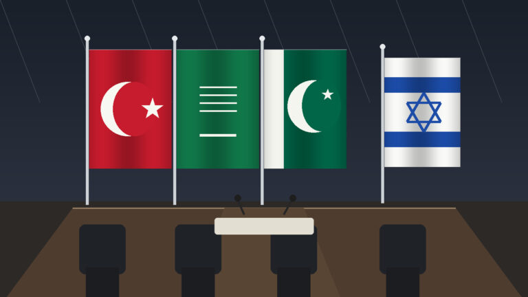 Mekke Savunma Anlaşması İsrail tepkilerini Türkiye, Suudi Arabistan, Pakistan ve İsrail bayraklarıyla temsil eden görsel
