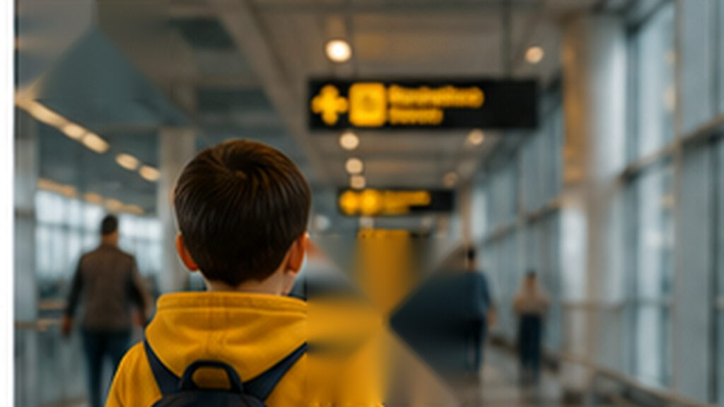 Niño con mochila caminando por una terminal de aeropuerto para viajar solo a Turquía